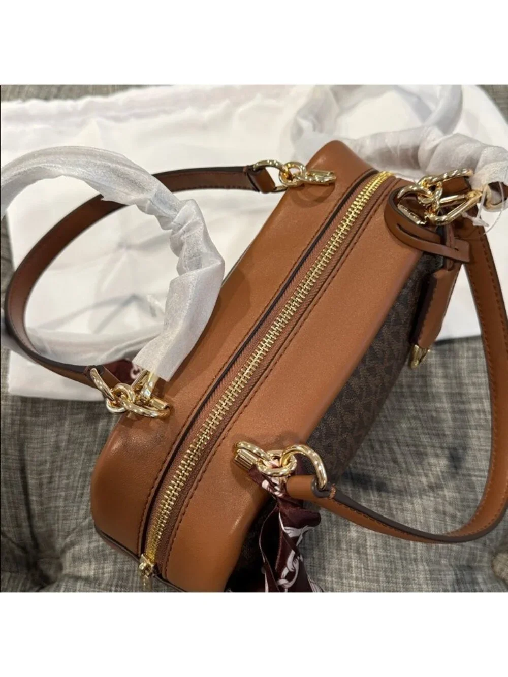 Michael Kors Bag Jet Set Signature Brown Leather Satchel Crossbody